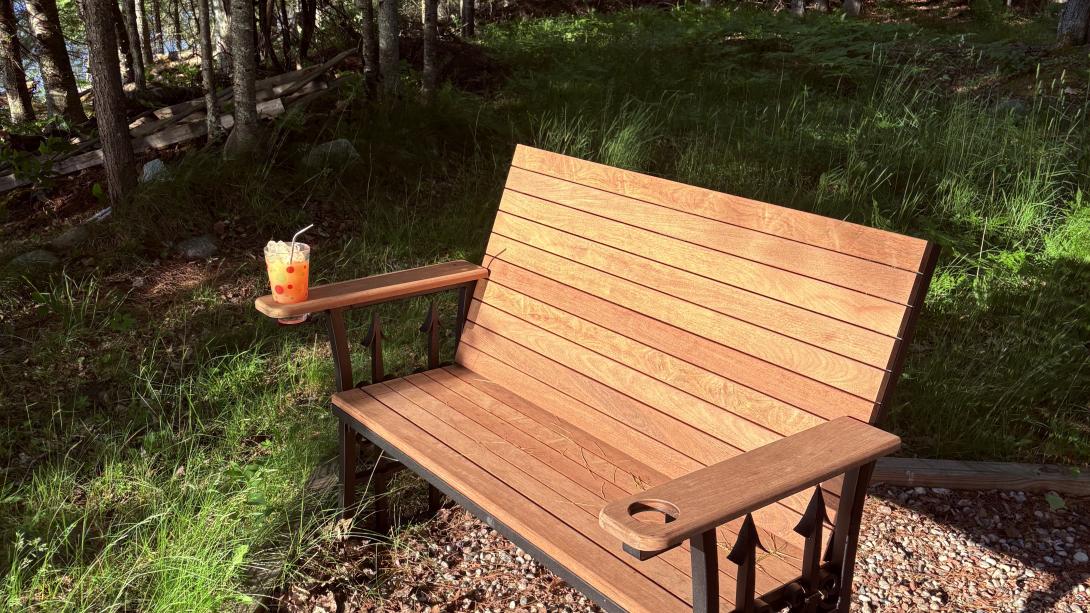 Ipe Bench with wrought iron legs on Lake Superior